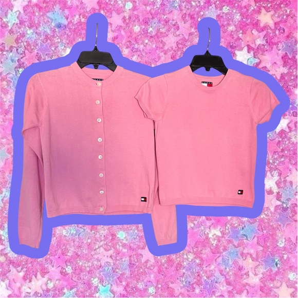 Tommy Hilfiger Sweaters - Vintage TOMMY HILFIGER Y2K Pink Cardigan Set Xs S M 90s Baby Tee Cropped